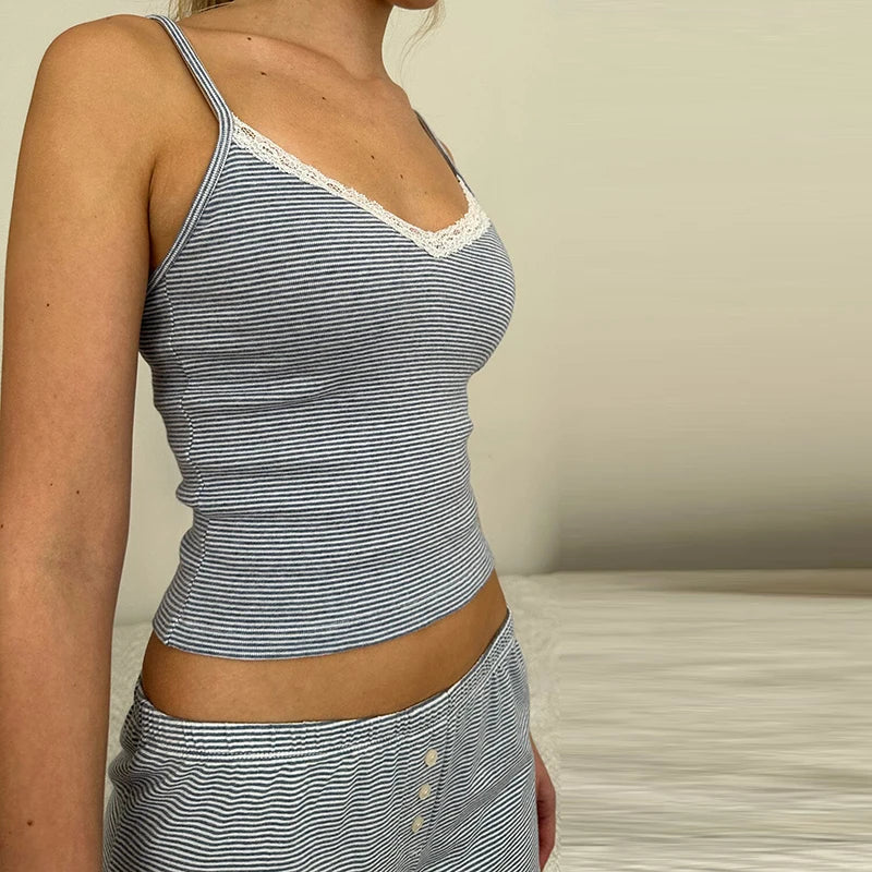 Casual Striped Loungwear Lace Trim V Neck Sleeveless Camis Crop Tops +