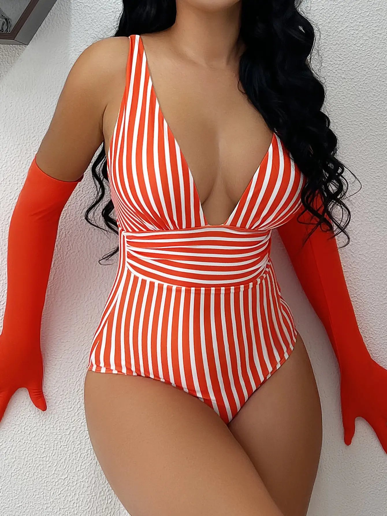 2023 Striped One Piece Swimsuit Vintage Swimwear Women V-neck Bathing