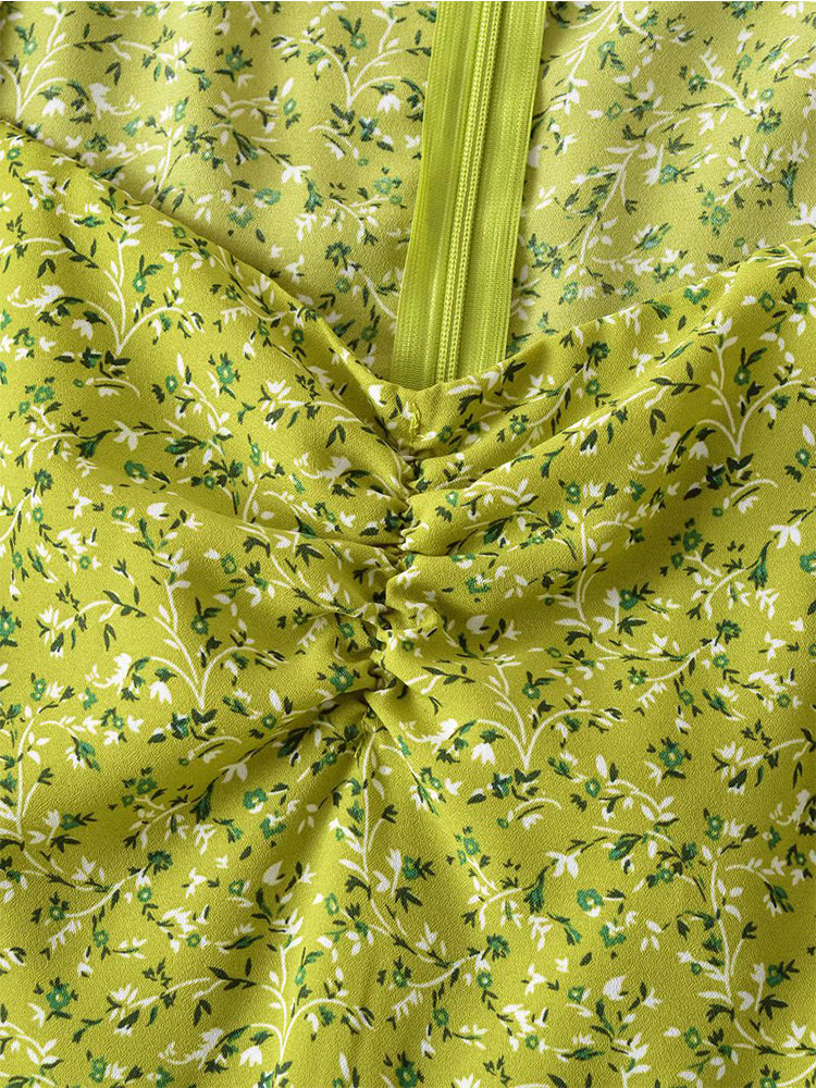 Vintage High Waist Green Floral Print Short Sleeve Dress